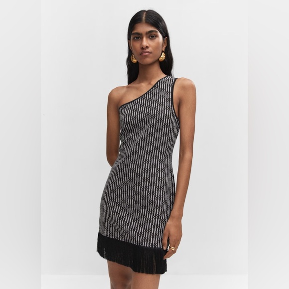 Mango Dresses & Skirts - Mango asymmetrical black dress with fringe detail NWT